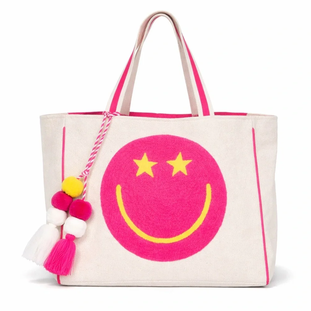 NWT Katydid Hot Pink Star Eye Smiley Face Canvas Tote Beach Travel Bag